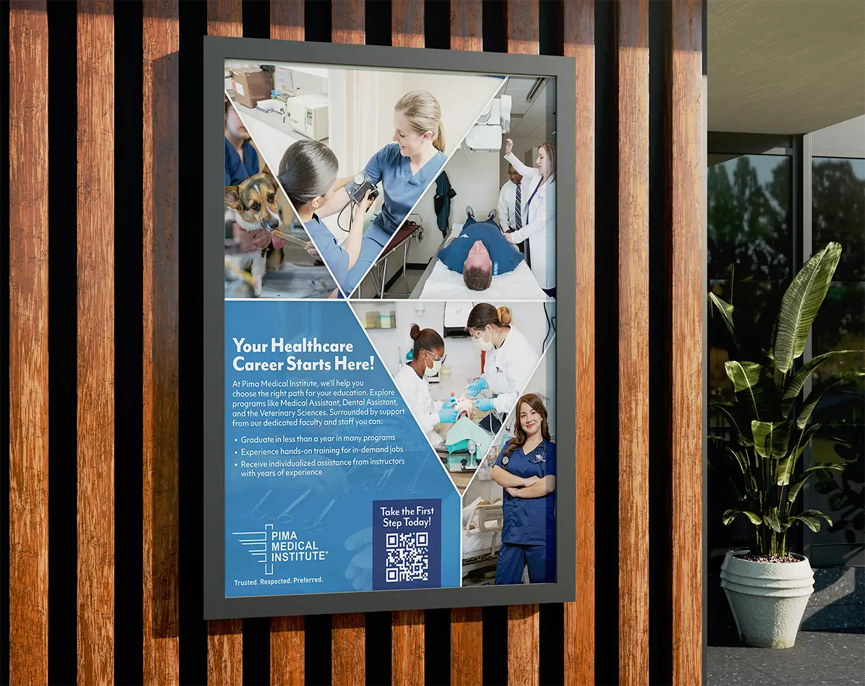 Mockup of high school poster framed on a wall.