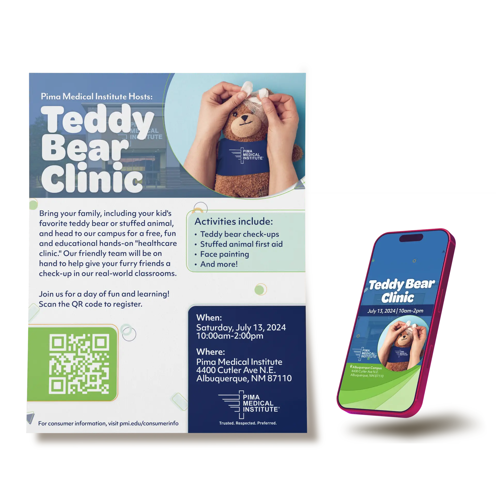 Hero image including Teddy Bear Clinic flyer and SMS graphic
